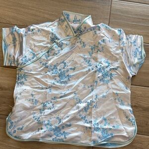 Floral Satin Top with Blue Accents
